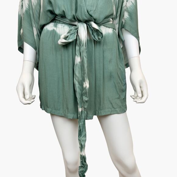 NWT FLAWLESS Faux Wrap Tie-Dye Kimono Romper with Waist Tie (Green | Size M) - Picture 6 of 9